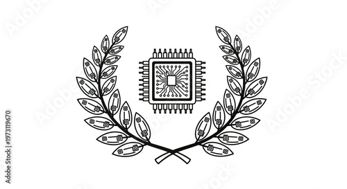 A black and white line drawing of a CPU chip encircled by laurel branches