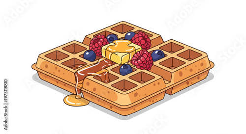 Delicate Waffle Topped with Fresh Berries and Golden Honey, a Sweet Breakfast Illustration