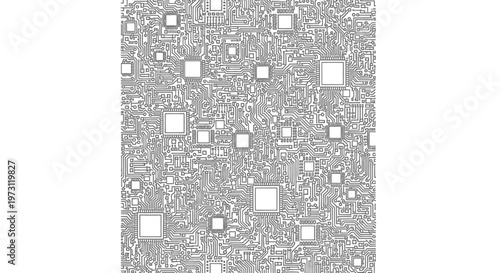 Dense gray circuit board pattern with various integrated circuits and intricate pathways
