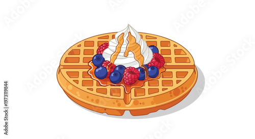 Delectable Fluffy Waffle Topped with Creamy Whipped Cream Fresh Berries and Drizzled with Golden Syrup