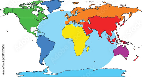 Colorful illustration of the world map with continents in different vibrant colors