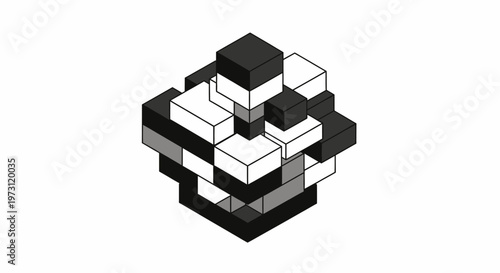 Abstract isometric sculpture of stacked blocks in black, white, and grey