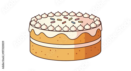 Whimsical Layered Cake Adorned with Creamy Swirls and Festive Sprinkles on a Plain White Background