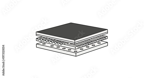 Isometric view of stacked layers, showing a dark top surface, textured middle sections, and perforated base