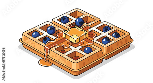 Deliciously Golden Waffles Topped with Fresh Blueberries, Melting Butter, and Drizzling Syrup, A Perfect Breakfast Illustration