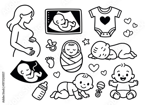 Hand drawn line art baby and maternity icon set featuring a pregnant woman, ultrasound scans, different stages of baby development, and essential baby items for newborn care and pregnancy