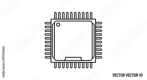 A top-down line drawing of a square computer chip with multiple pins