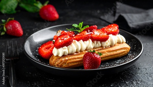 A delightful pastry with cream, strawberries, and a mint garnish on a black plate set on a dark background. Fresh fruit decorates