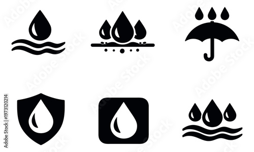 Simple icons set featuring water drops, waves, and an umbrella for waterproofing and liquid protection