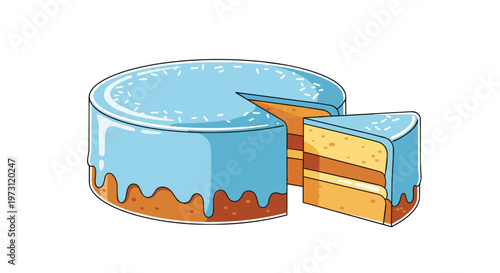 A delightful and decadent blue-frosted layered cake with a slice removed, perfect for celebrations and sweet moments