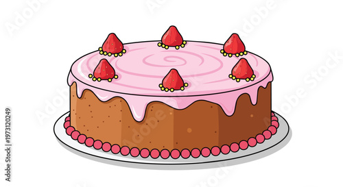 Delectable Strawberry-Topped Frosted Cake with Pink Icing and Red Berry Garnishes Resting on a Plate