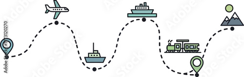 Logistics transportation modes road map with airplane ship truck train