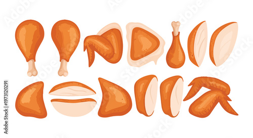 Collection of Deliciously Rendered Crispy Fried Chicken Pieces and Cuts Illustrated on a White Background for Food Graphics