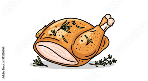 Stylized illustration of a golden brown roasted chicken adorned with fresh green herbs and subtle pepper speckles on a clean white background