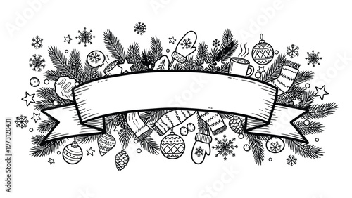 Black and white Christmas banner illustration.