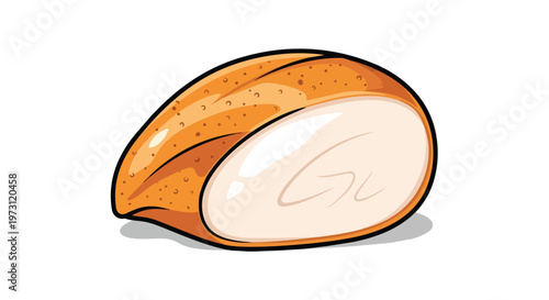 Illustration of a sliced bread roll with a golden brown crust and a soft white interior, representing baked goods
