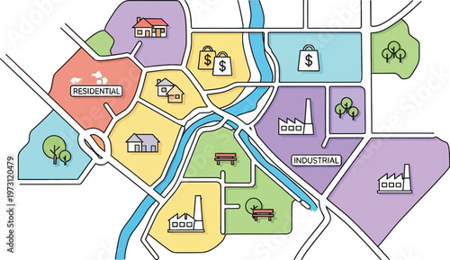 City map with residential industrial and commercial areas