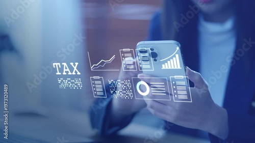 Digital tax filing Tax return financial planning analyzing  data revenue deductions filing income tax online payment mobile app computer technology. Business tax management economy 