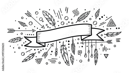 hand drawn feather banner design elements.