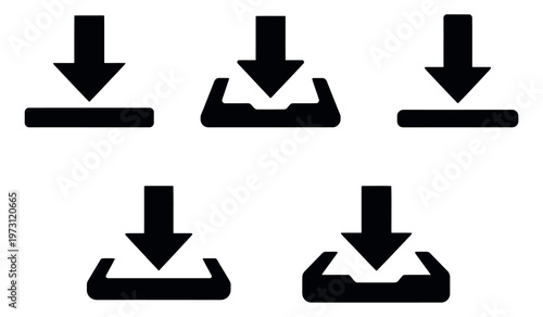 Simple download icon set featuring various arrow and tray designs for digital content and interface design