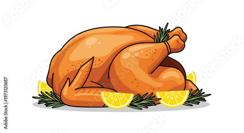 A beautifully rendered illustration of a golden-brown roasted chicken garnished with fresh rosemary sprigs and bright lemon slices, perfect for