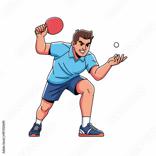 A male cartoon character playing table tennis with a paddle and ball on a white background with a fun and energetic mood.
