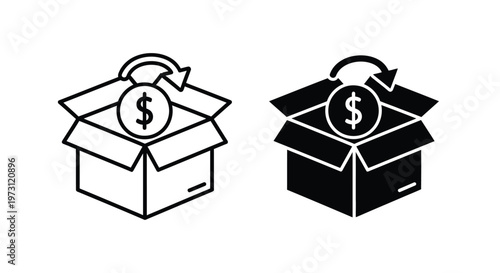 Simple vector graphic illustrating a money return, refund, or cashback process in a package