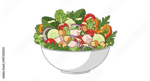 A vibrant and refreshing illustration of a bountiful garden salad served in a crisp white bowl, bursting with colorful vegetables and protein