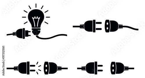 Minimalist black electric power icons set featuring plugs, sockets, and a light bulb representing connection and disconnection for energy and idea concepts