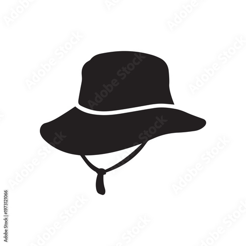 Simple silhouette illustration of a wide brim sun hat with a chin strap