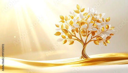 An elegant, stylized tree with gold and white leaves and a golden trunk stands on a wavy, golden surface with sunbeams