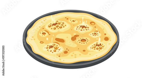 A vibrant and appetizing illustration of a freshly cooked crepe or pancake sizzling in a dark frying pan, showcasing its bubbly texture and
