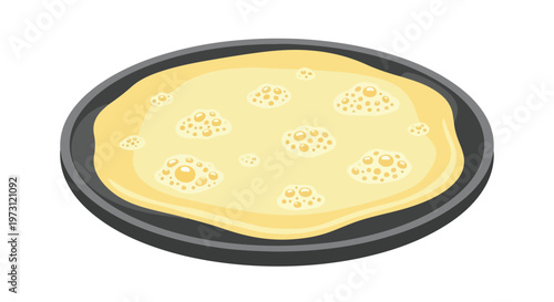 A delectable illustration of a sizzling crepe or pancake cooking in a flat, round pan on a white background