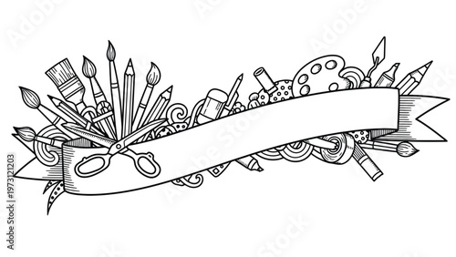 A black and white banner illustration featuring a collection of art supplies and creative tools arranged around a blank ribbon.