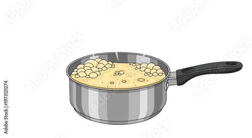Bubbling concoction simmers in a stainless steel saucepan with a black handle, creating a visual representation of culinary processes and kitchen