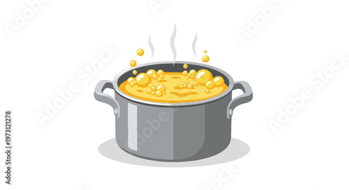 A detailed illustration of a kitchen pot filled with bubbling yellow liquid emitting steam and heat, perfect for culinary themes
