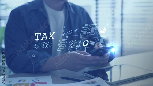 Digital tax filing Tax return financial planning analyzing  data revenue deductions filing income tax online payment mobile app computer technology. Business tax management economy 