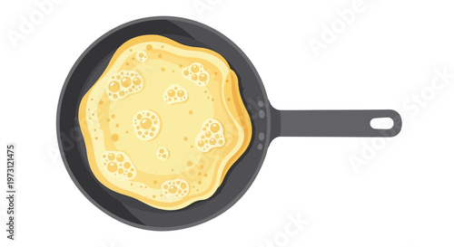 Delicious golden pancake with bubbles cooking in a black frying pan, a simple and appetizing breakfast illustration