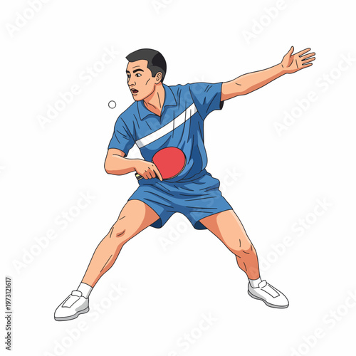 Illustration of a male table tennis player in a blue uniform swinging to hit a ball with a red paddle on a white background.