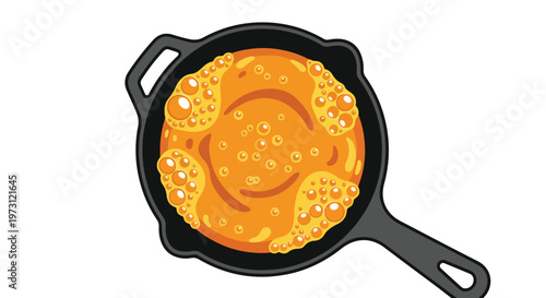 Bubbling batter cooks in a cast iron skillet on a white background with a top-down view creating an appetizing visual representation of cooking