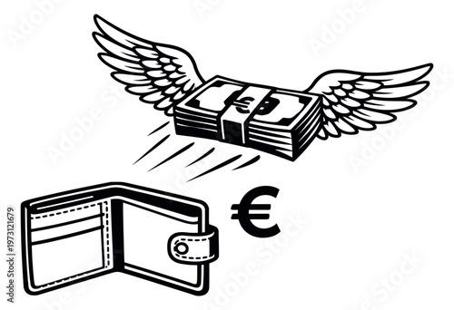 Hand drawn line art financial elements set featuring flying euro money, an empty wallet, and a euro symbol for economy concepts