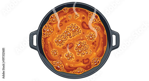 Bubbling And Boiling Stew In A Round Black Pot From A Top Down View With Steaming Wisps