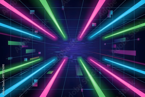Tech background. Neon glow grid wallpaper. Digital science visualization