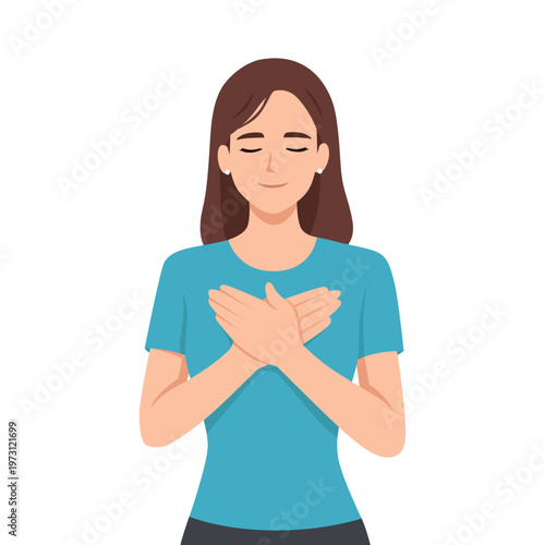 Grateful woman holding hands on chest, calm expression of appreciation and self care. Flat vector illustration isolated on white background