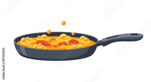 Illustration of a hot frying pan filled with bubbling, colorful food and small red pieces, showcasing a dynamic culinary process