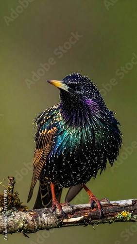 A vibrant bird with iridescent plumage perched on a branch. Its feathers display a spectrum of colors. The background is soft and blurred