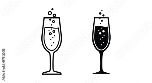 Elegant vector graphic illustration featuring two celebratory champagne glasses with festive bubbles and sparkling liquid design.