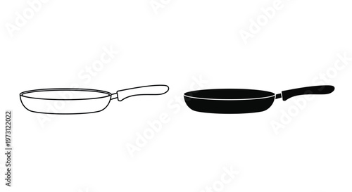 Minimalist cooking frying pan vector illustration with outline and solid black silhouette graphic design.