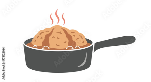 A stylized illustration of a pot filled with hot steaming food, indicating a freshly prepared meal.