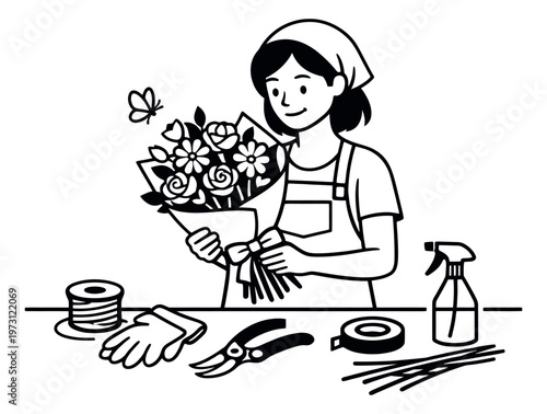 Hand drawn line art illustration of a florist depicting arranging a flower bouquet for a floral business